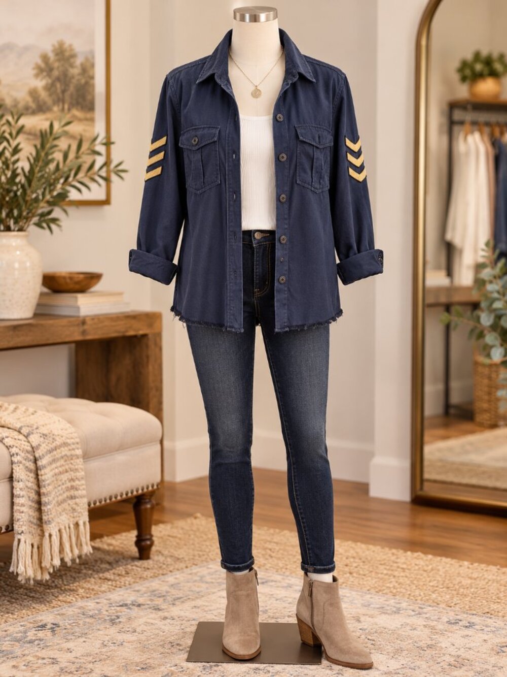 Rails navy blue military utility jacket size large gold striped sleeve